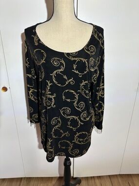 Slinky Brand Black Top with Gold Scroll Print Tunic